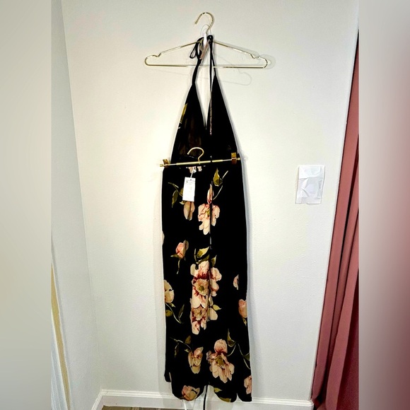 Boho Floral Halter Maxi Dress Small Black Pink Tie Back Lightweight Vacation - Picture 9 of 12